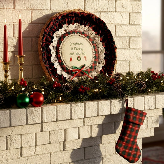 π Vintage 1987 Christmas Cross Stitch Wall Basket β βChristmas is Caring and Sharingβ β B. Bartusek Simple Country Pleasures