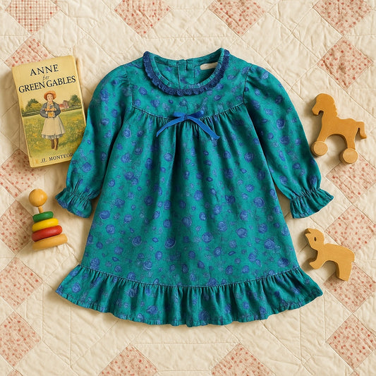Allison Ann Vintage 1980s Girls Dress β Teal & Periwinkle Floral Cottagecore Toddler Dress - Long Sleeve Cotton Ruffle Hem | Size 3T