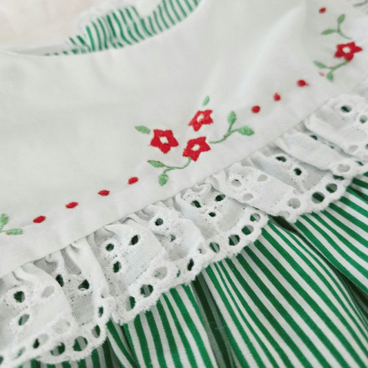 1980s Baby Togs Green Stripe Eyelet Pinafore Dress | Girls 12M
