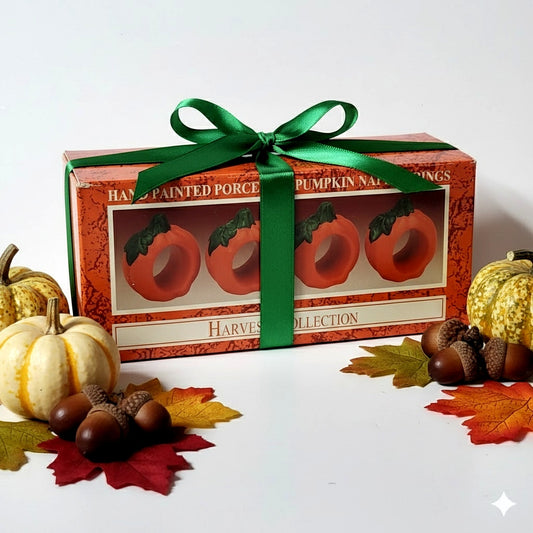 Vintage Hand Painted Porcelain Pumpkin Napkin Rings, Set of 4, World Bazaars Harvest Collection Fall Table Decor