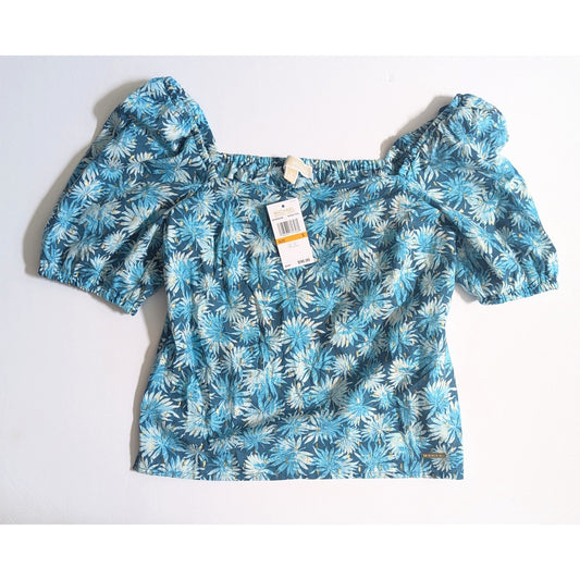 Michael Kors Off Shoulder Metallic Gold Detail Floral Blouse in Nassau Teal Size S