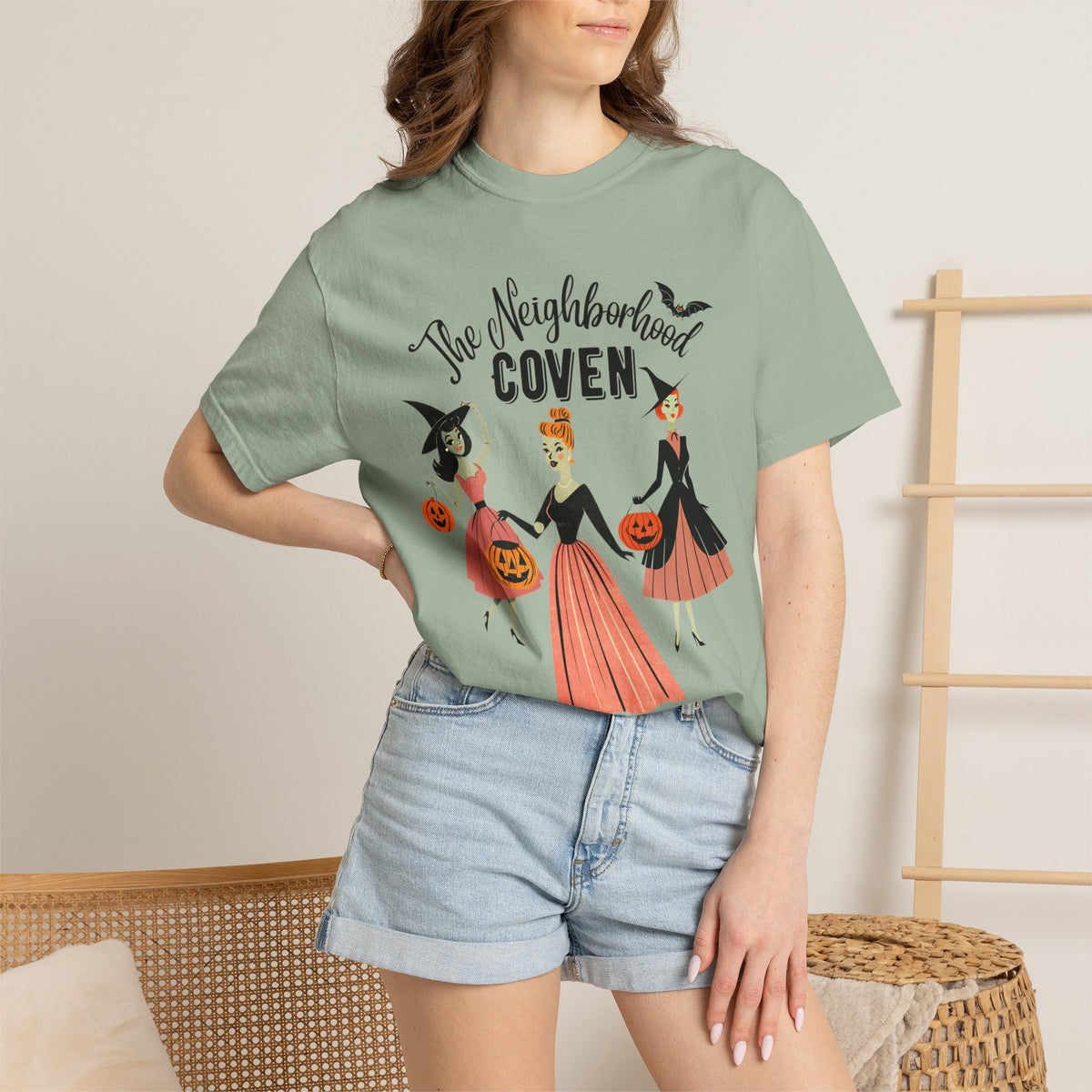 Neighborhood Coven Halloween T-Shirt — Retro Witches with Pumpkins