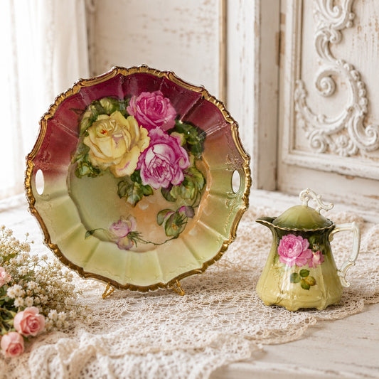 Antique Bavarian Hand Painted Rose Creamer with Lid