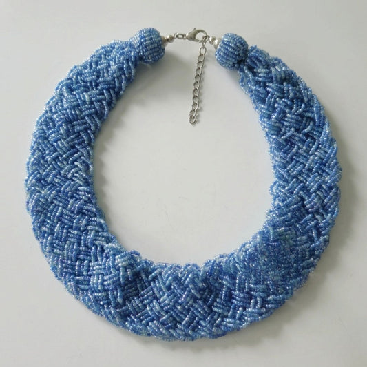 Vintage Seed Bead Woven Bib Collar Necklace | Iridescent Cornflower Sky Blue