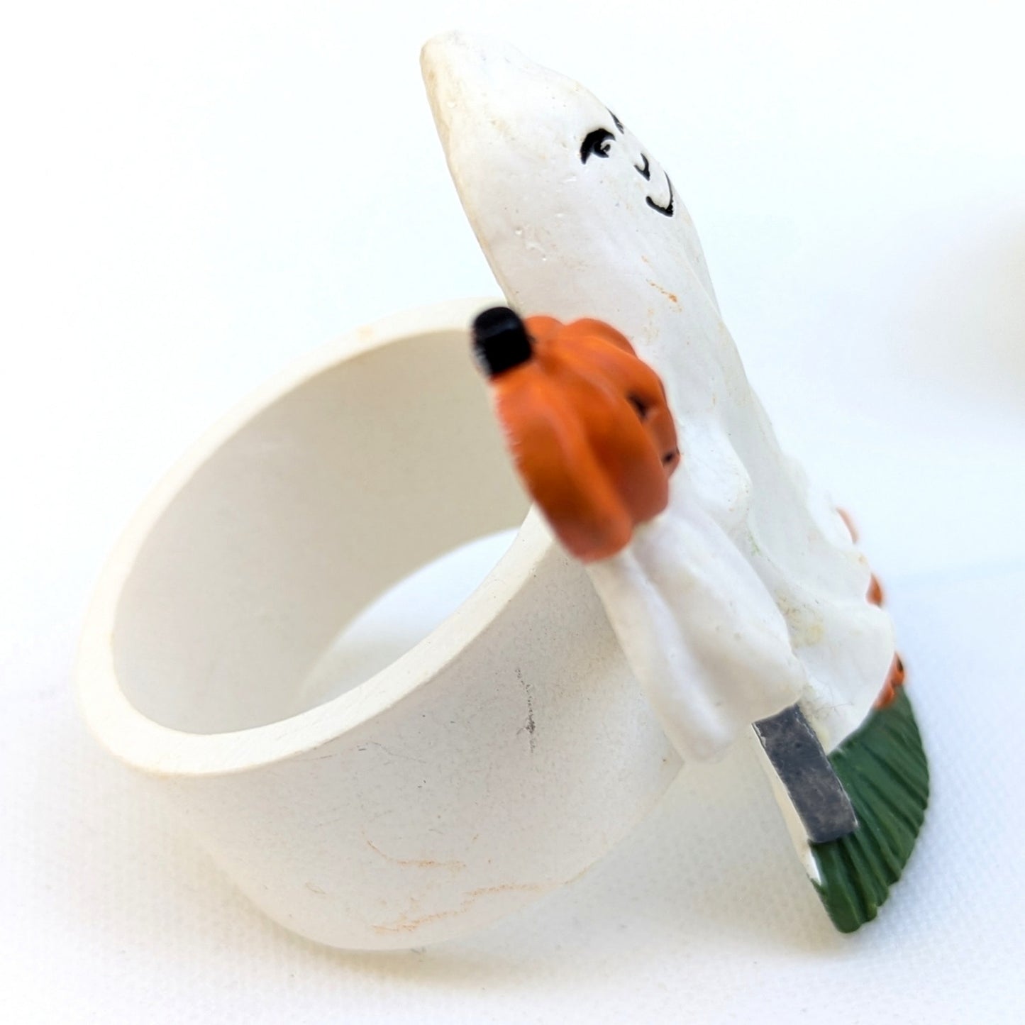 Set of 3 1990s Halloween Ghost Jack-o’-Lantern Pumpkin Stoneware Napkin Rings