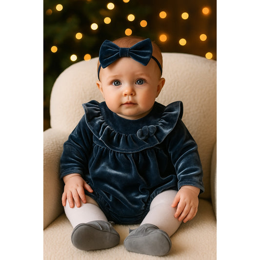 Mud Pie Blue Velvet Baby Romper | Long Sleeve Ruffle One Piece | NWT | Size 3-6M