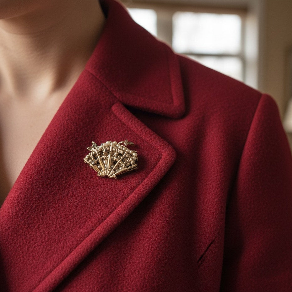 Mid-Century Vintage Gold Tone Filigree Fan Brooch with Faux Pearls