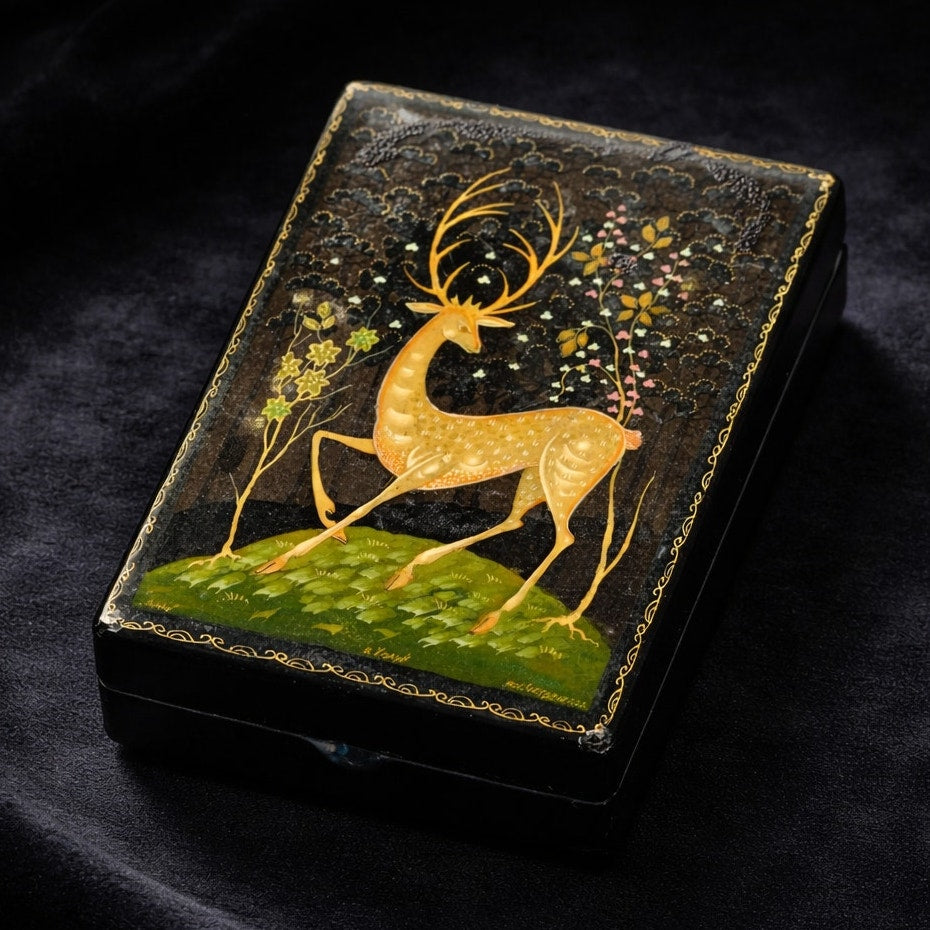 Kholuy Russian Lacquer Miniature Box | Signed & Hand Painted Deer Lan Scene