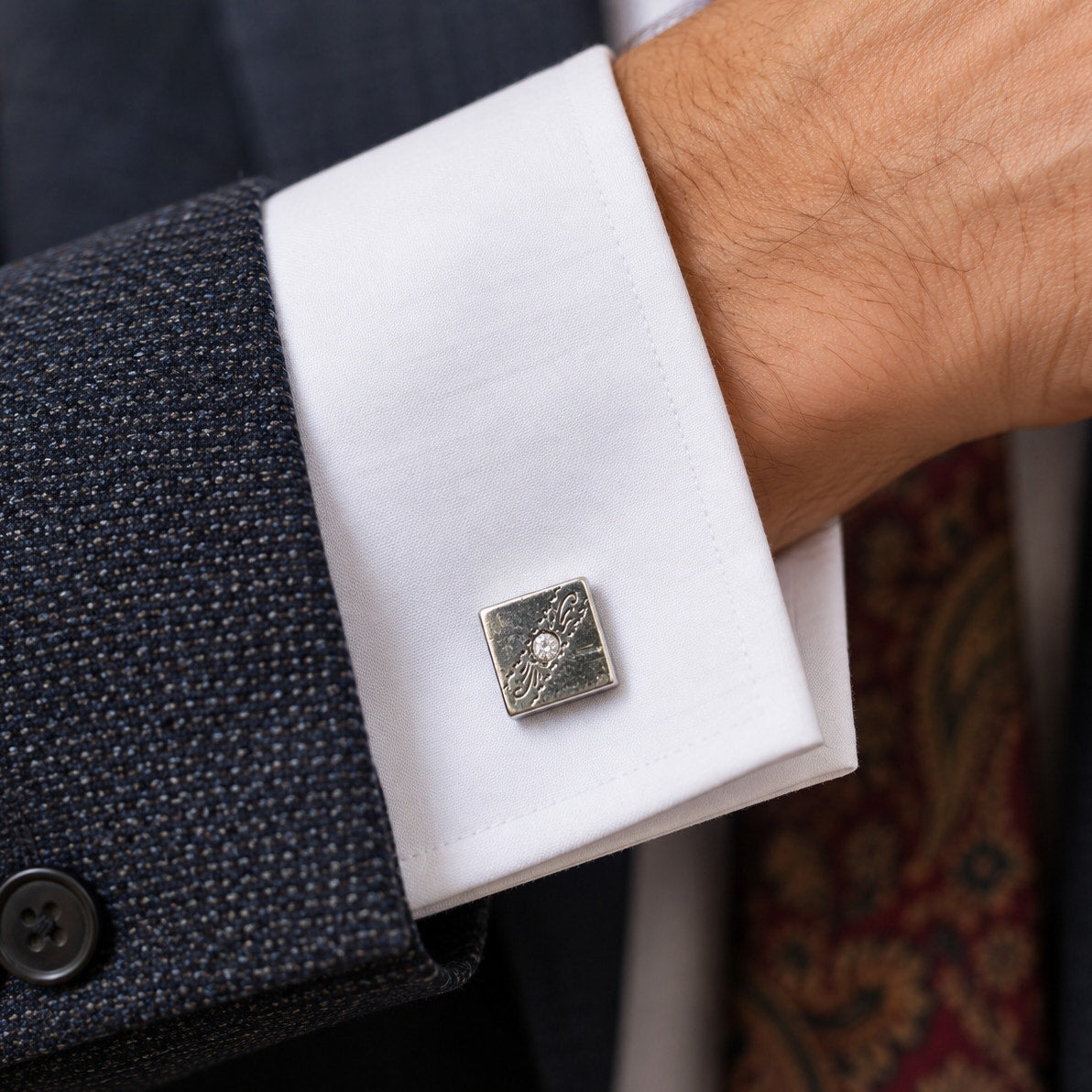MCM Silver Tone & Rhinestone Cube Cufflinks