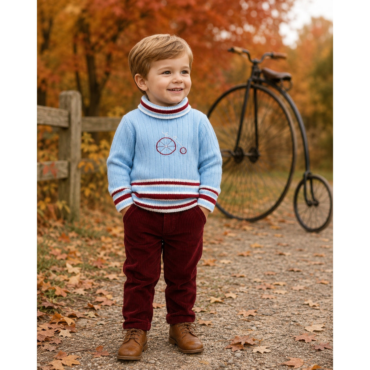 Vintage Doe-Spun Penny Farthing Blue Burgundy Toddler Sweater | 1970s Boys 2T