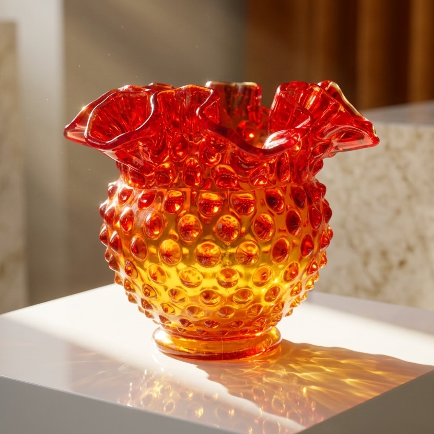 Vintage Amberina Hobnail Glass Rose Bowl