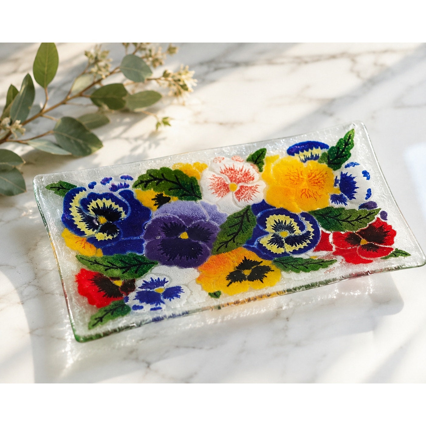 1990s Peggy Karr Pansies Fused Art Glass Rectangular Tray Trinket Dish