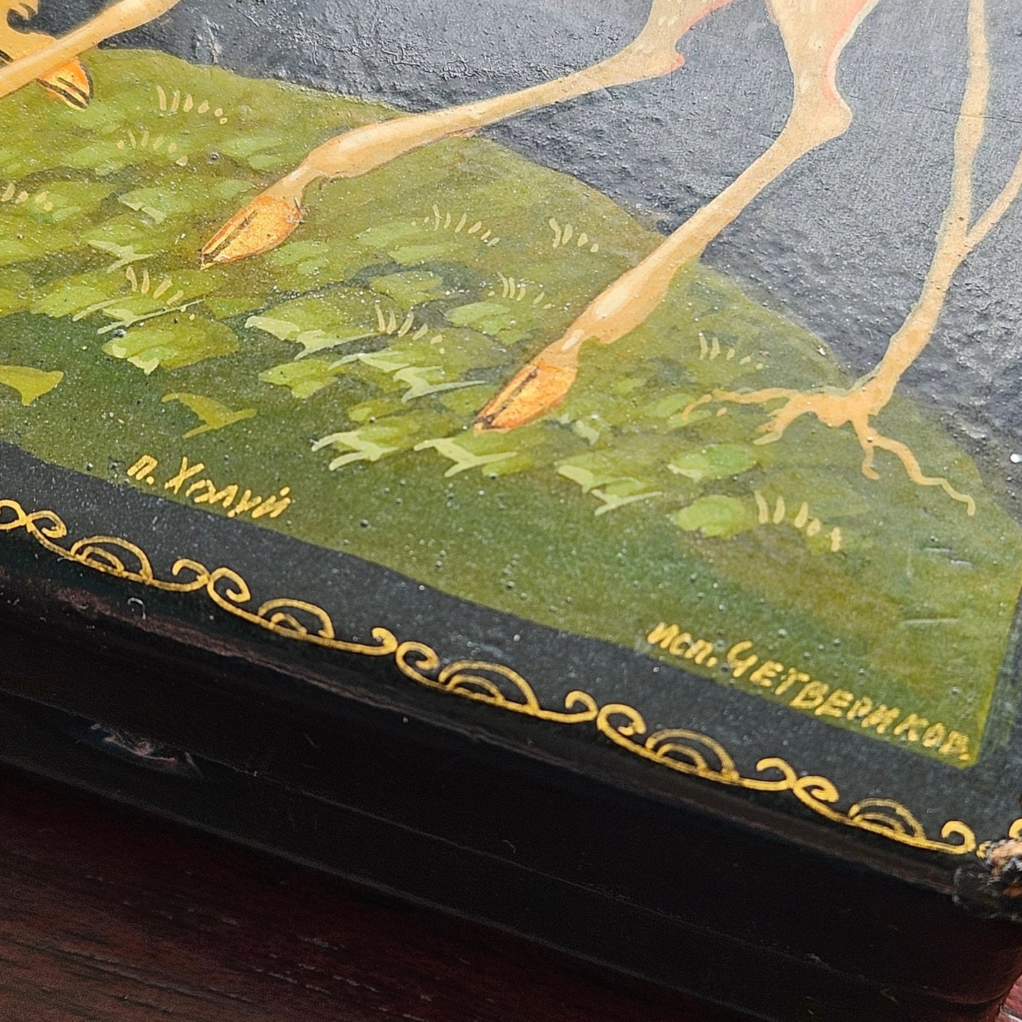 Kholuy Russian Lacquer Miniature Box | Signed & Hand Painted Deer Lan Scene