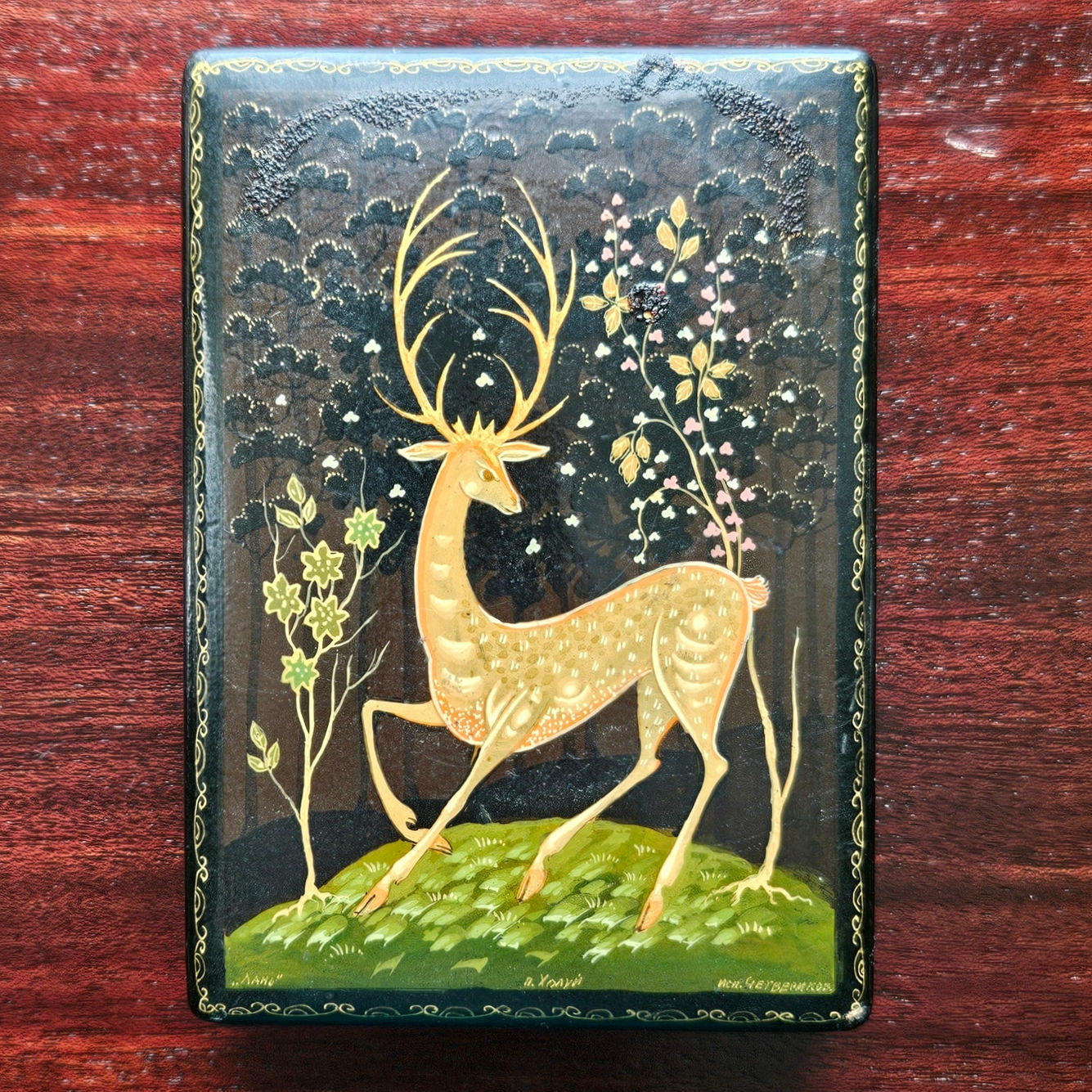 Kholuy Russian Lacquer Miniature Box | Signed & Hand Painted Deer Lan Scene