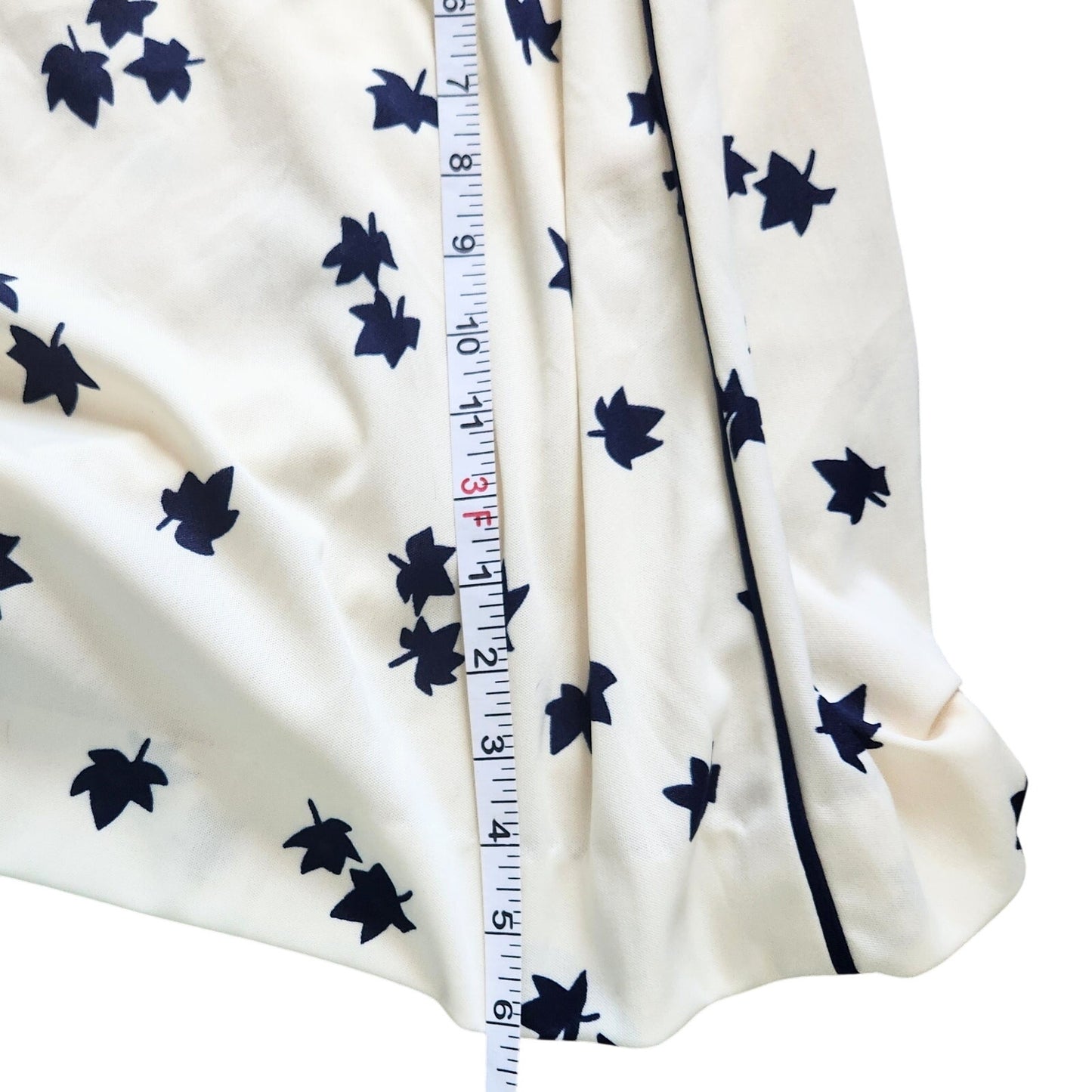 Vintage 1970s Cream & Navy Long Sleeve Maple Leaf Print Midi Dress | Women's 4