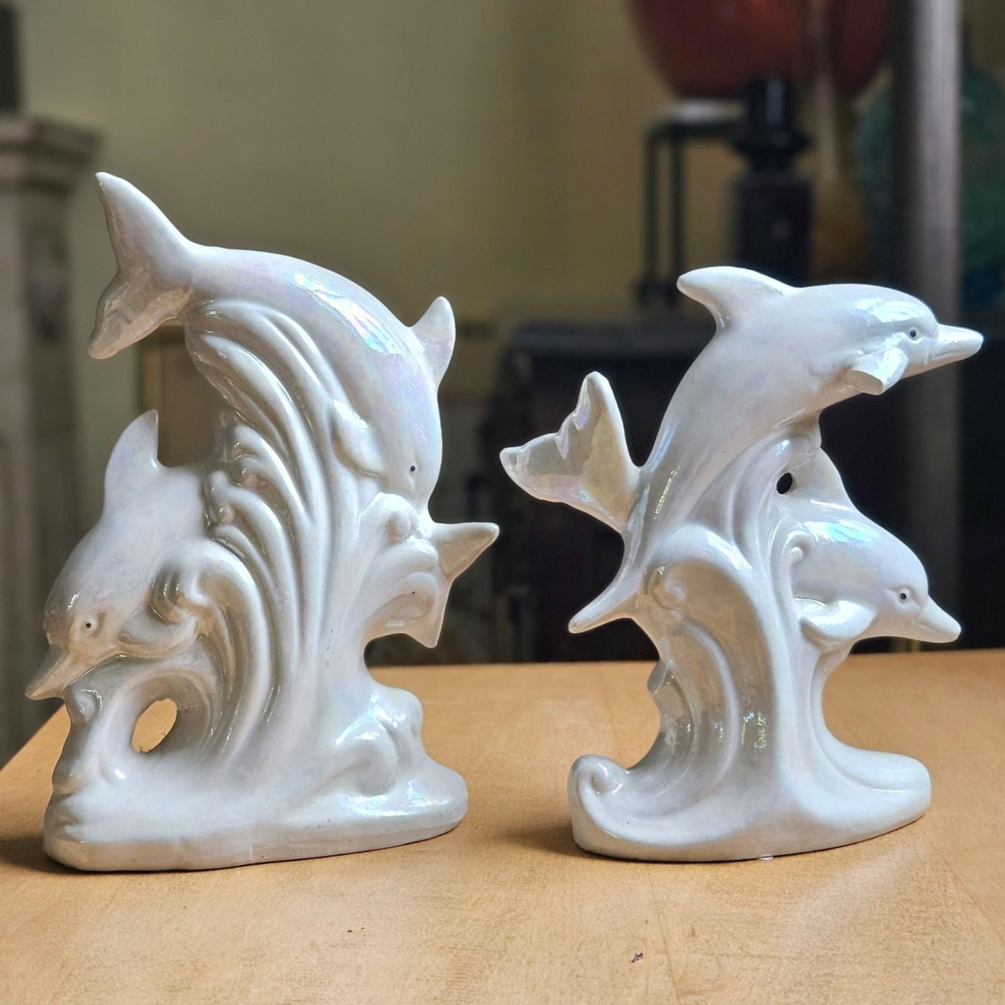 Pair of Vintage 1980s Iridescent Dolphin Figurines