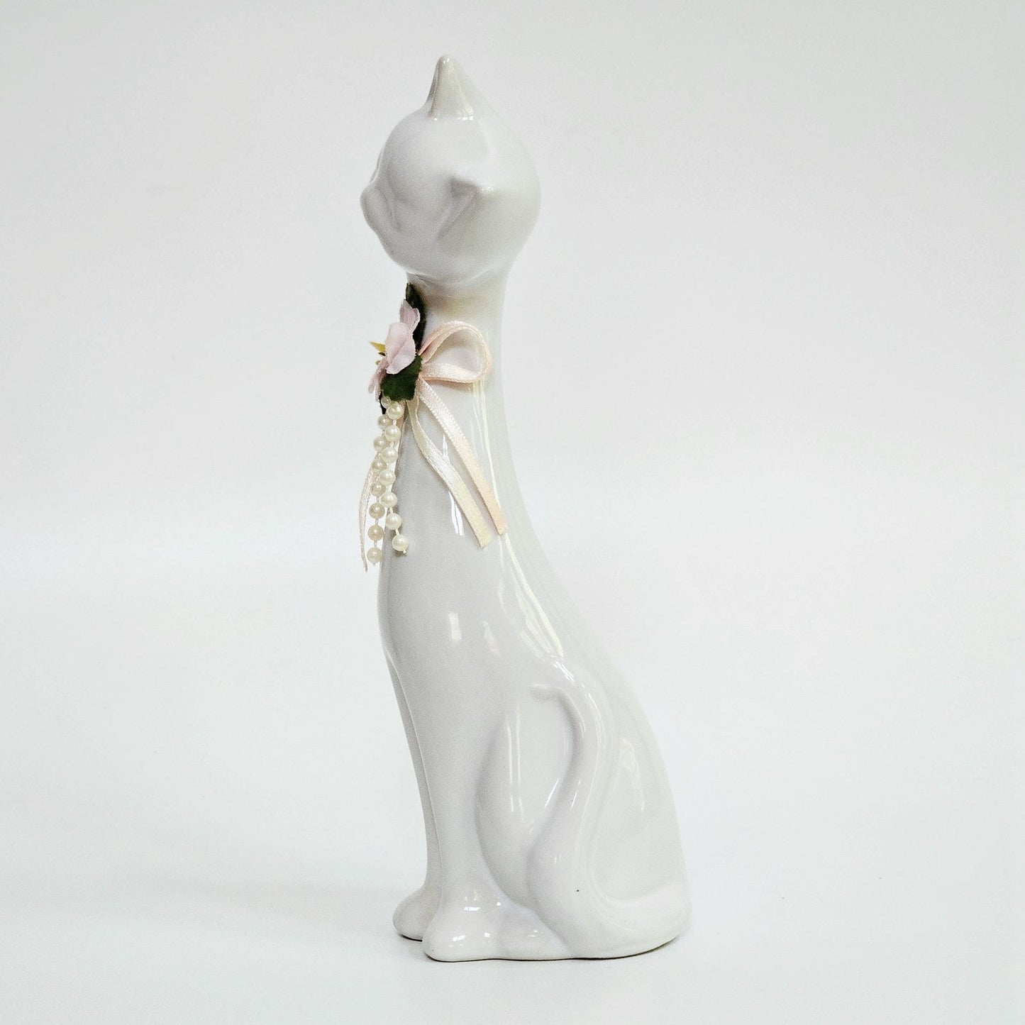 Mid-Century Tall White Ceramic Cat Figurine