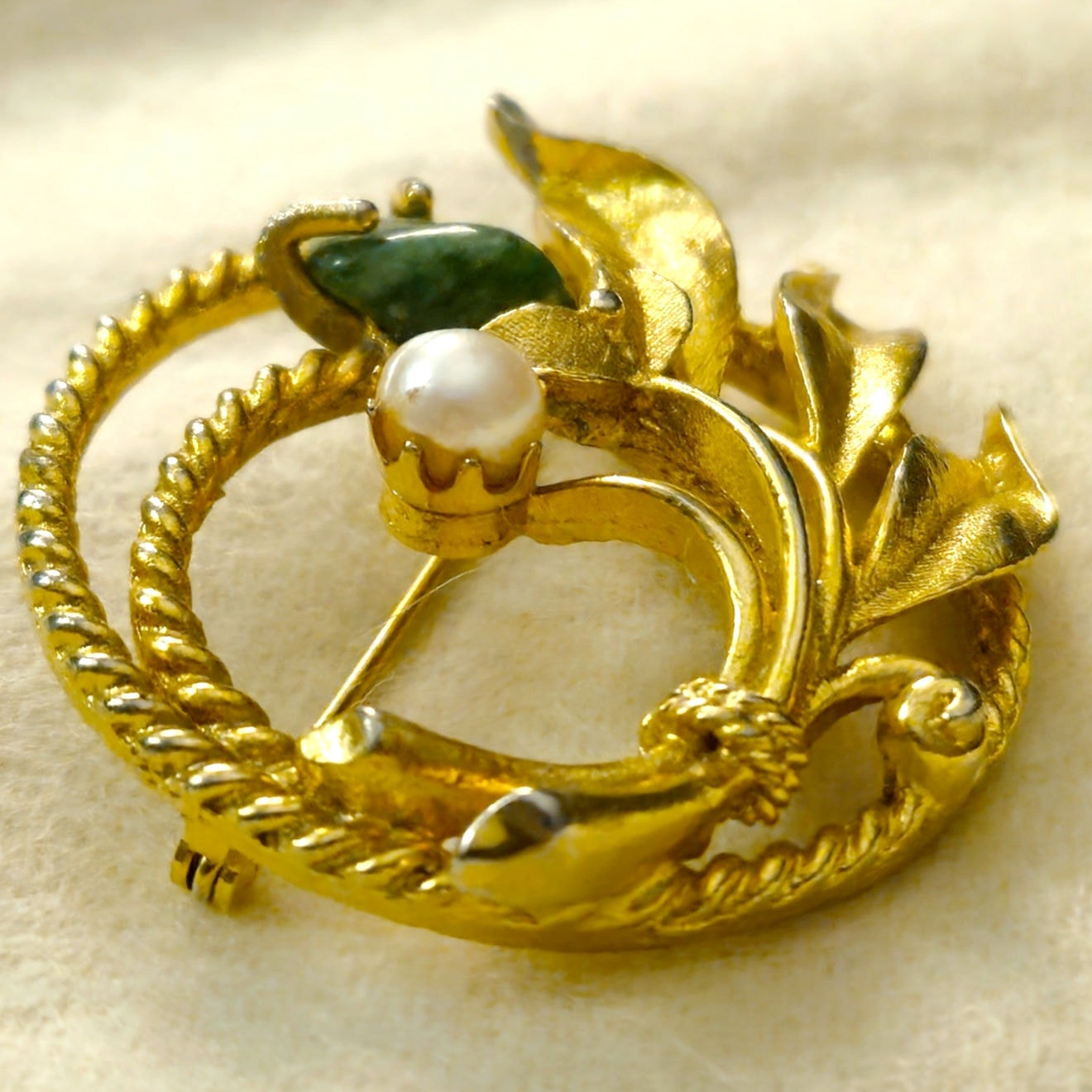 1960s Gold Leaf Brooch with Pearl & Green Stone