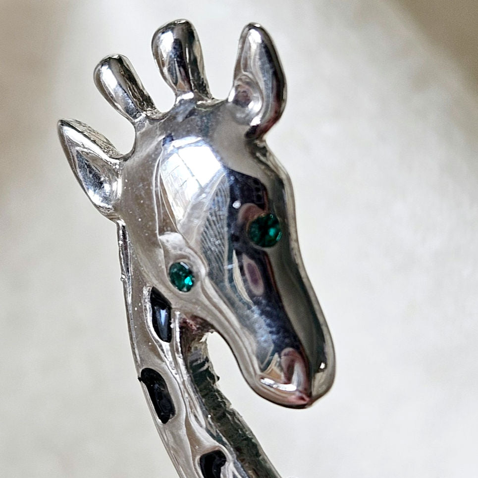 Vintage Giraffe Brooch | 1990s Silver Tone with Emerald Eyes Animal Pin