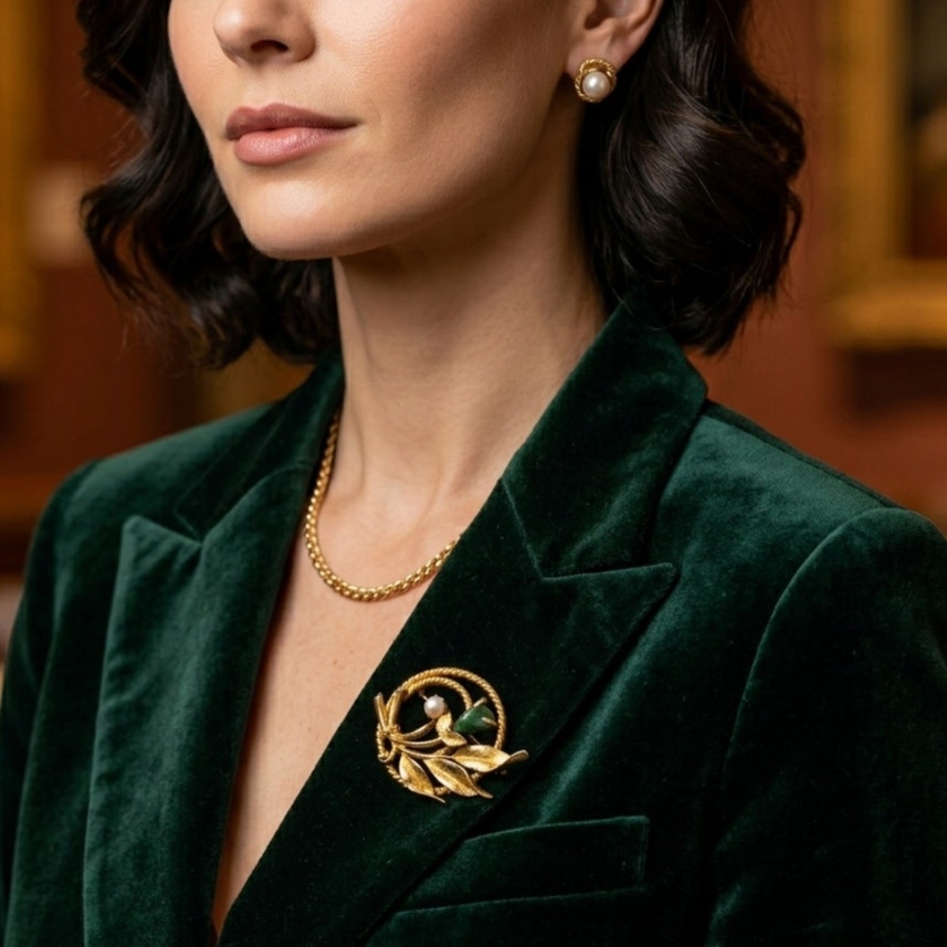 1960s Gold Leaf Brooch with Pearl & Green Stone
