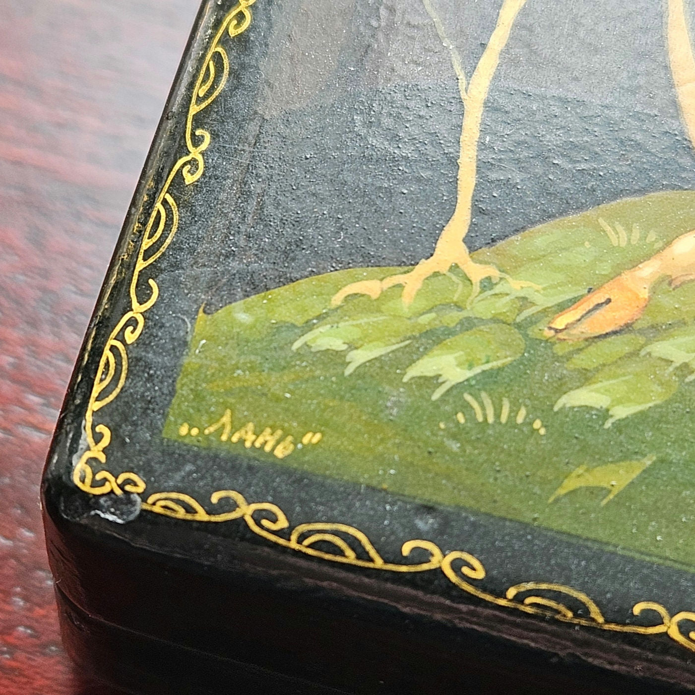 Kholuy Russian Lacquer Miniature Box | Signed & Hand Painted Deer Lan Scene
