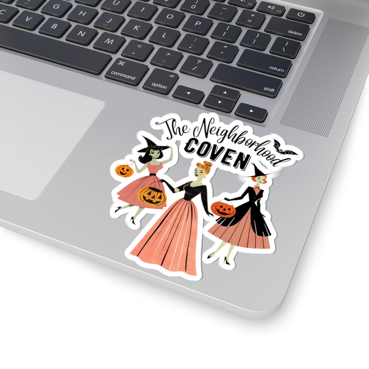 Neighborhood Coven Halloween Kiss-Cut Sticker - Vintage Witch Trio Pumpkin Design