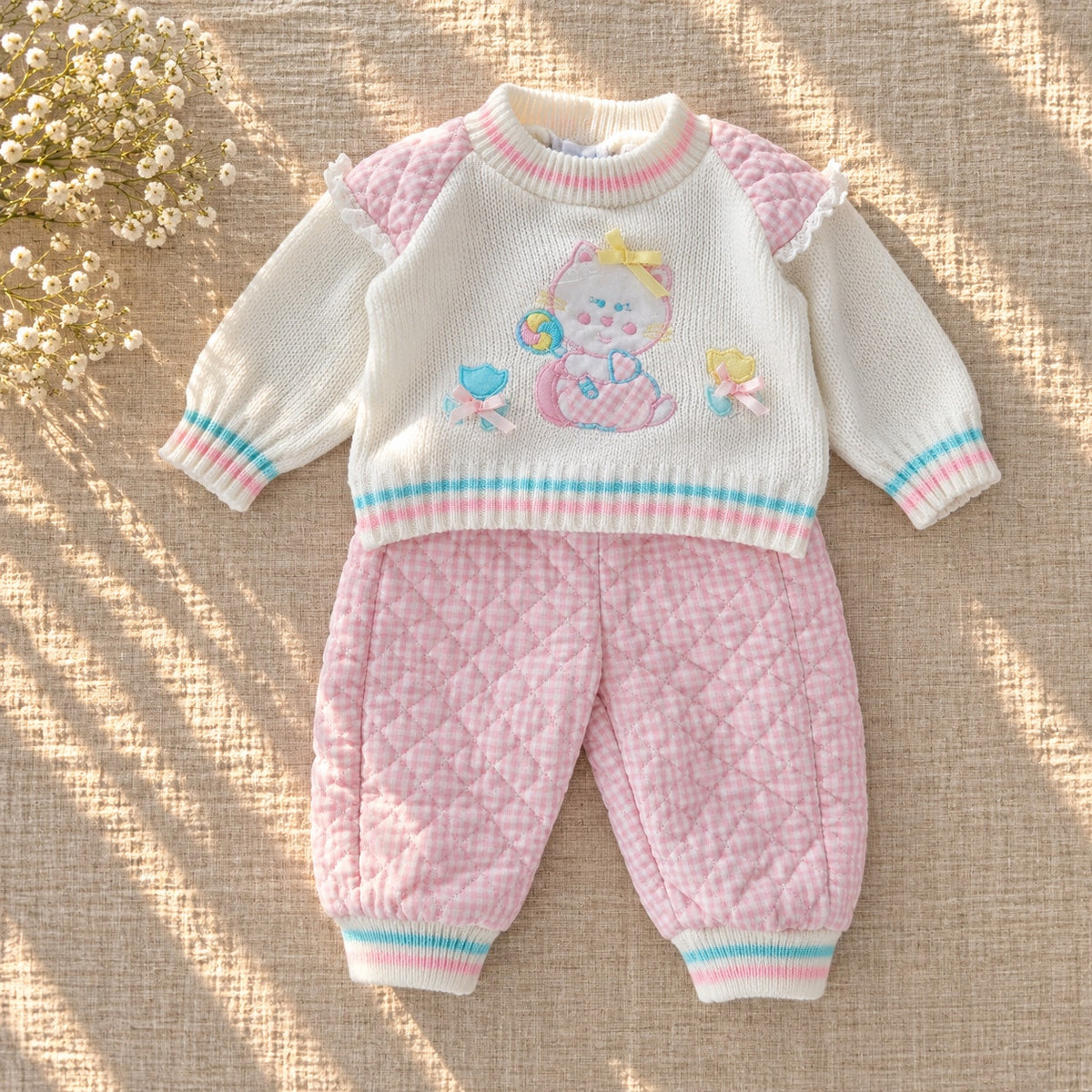 1980s Doe-Spun Cat Sweater & Quilted Gingham Pants | Girls 3-6M