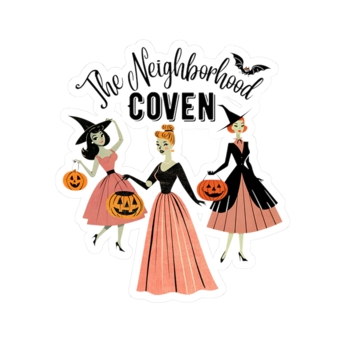 Neighborhood Coven Halloween Kiss-Cut Sticker - Vintage Witch Trio Pumpkin Design