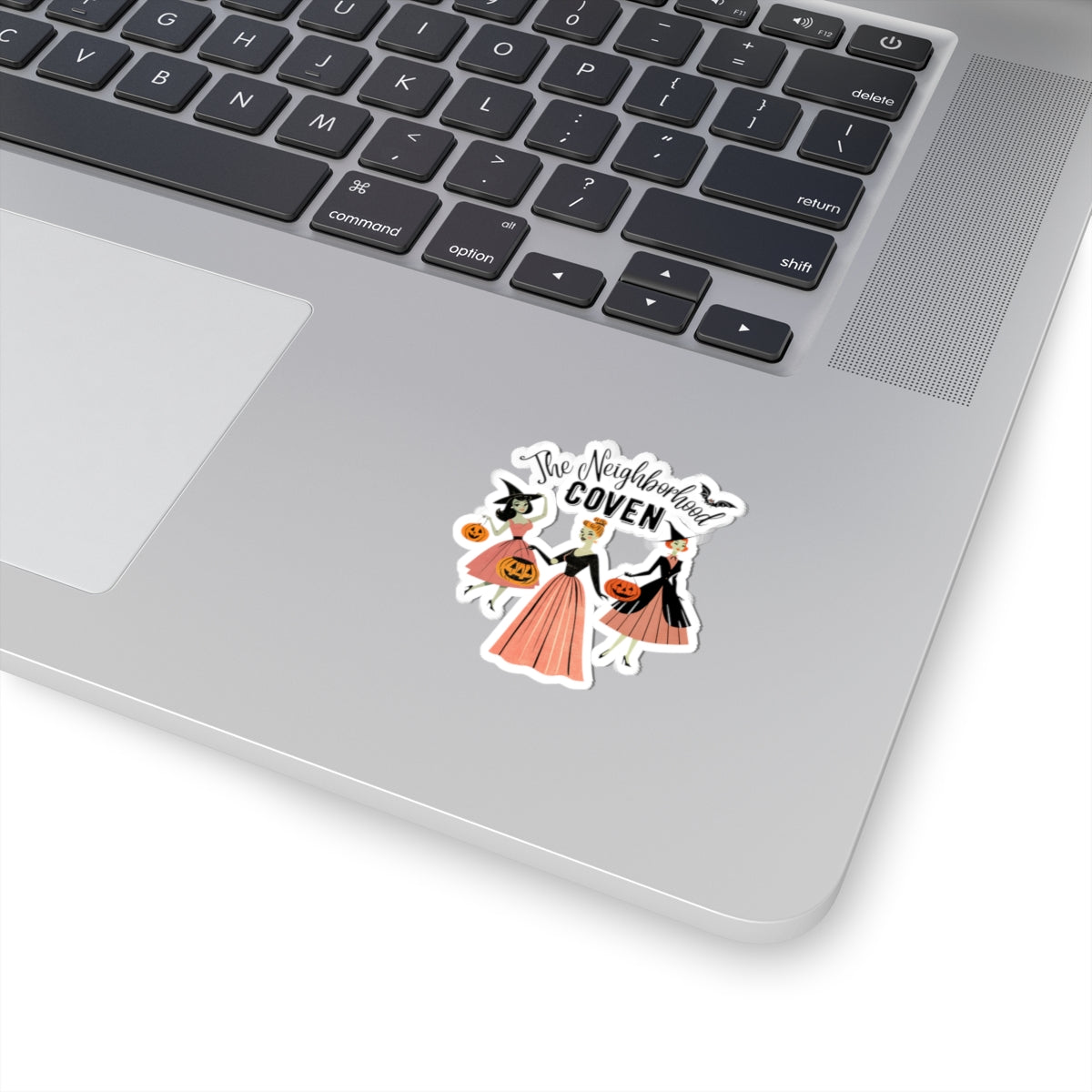 Neighborhood Coven Halloween Kiss-Cut Sticker - Vintage Witch Trio Pumpkin Design
