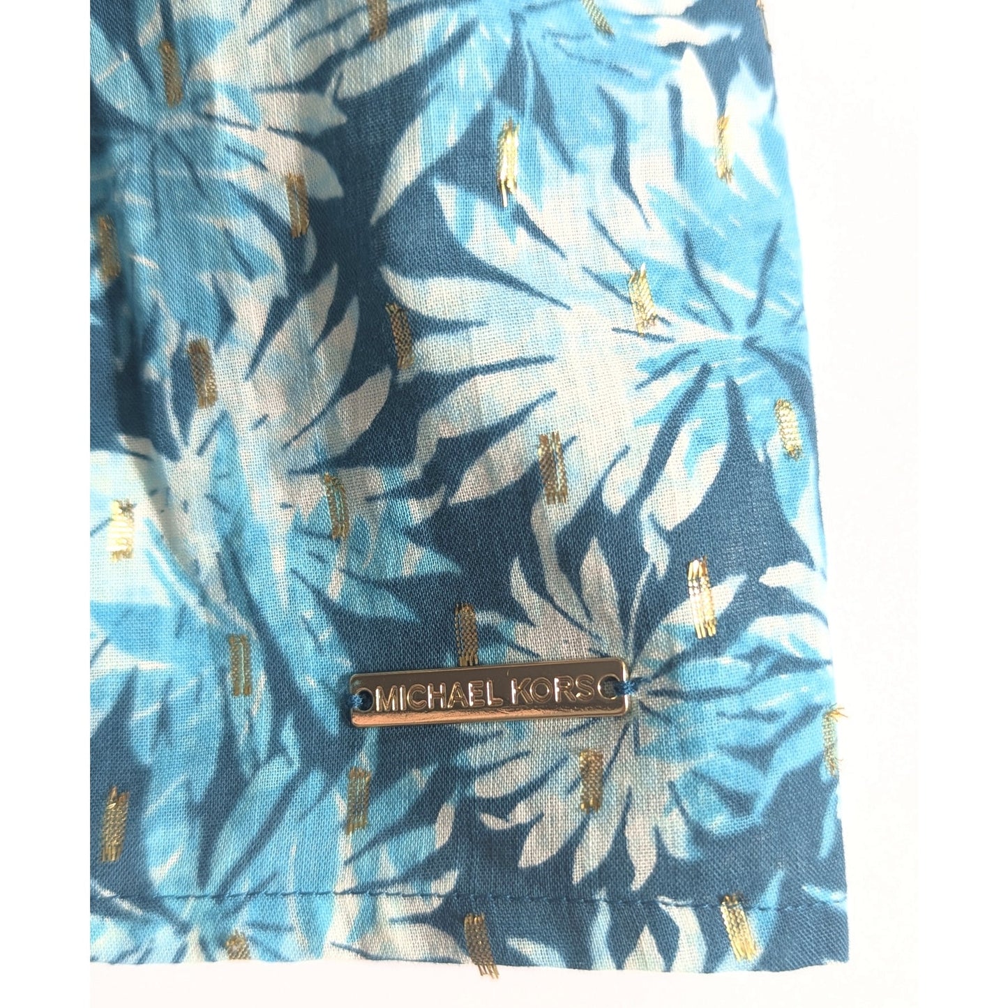 Michael Kors Off Shoulder Metallic Gold Detail Floral Blouse in Nassau Teal Size S