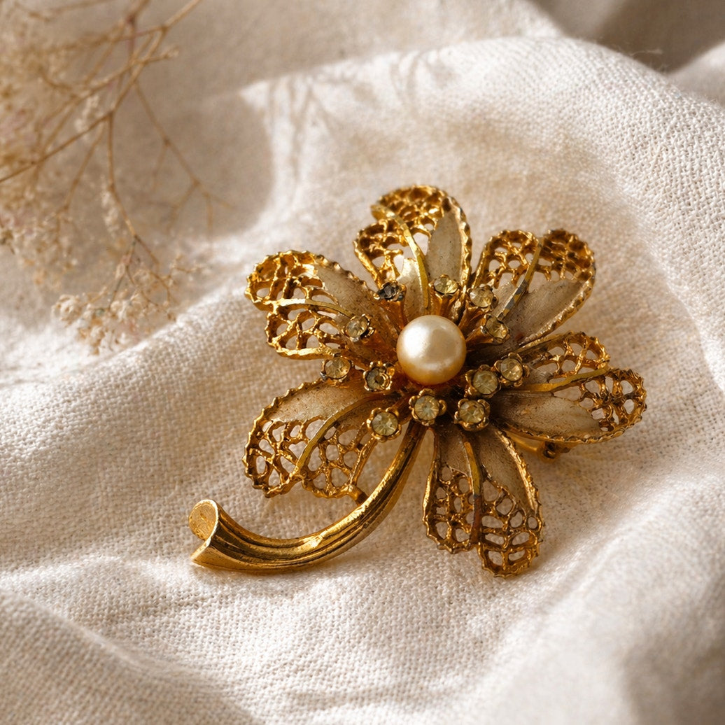 Vintage BSK Gold Tone  Flower Brooch | Mid Century Filigree Pearl Rhinestone Pin