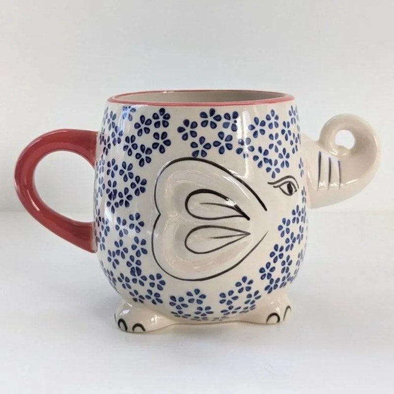 🐘 Yokohama Studio Japan Ceramic & Enamel Blue Floral Elephant Mug – Reproduction | Home