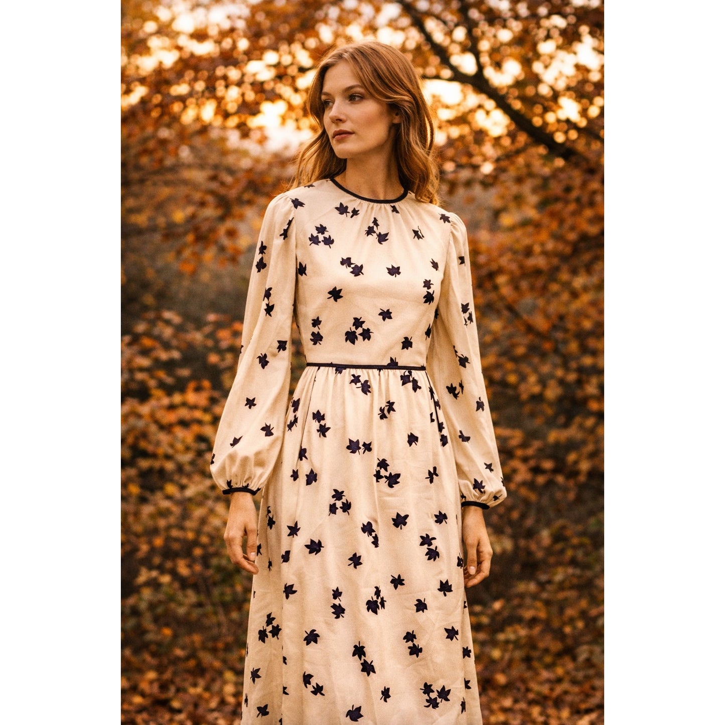 Vintage 1970s Cream & Navy Long Sleeve Maple Leaf Print Midi Dress | Women's 4