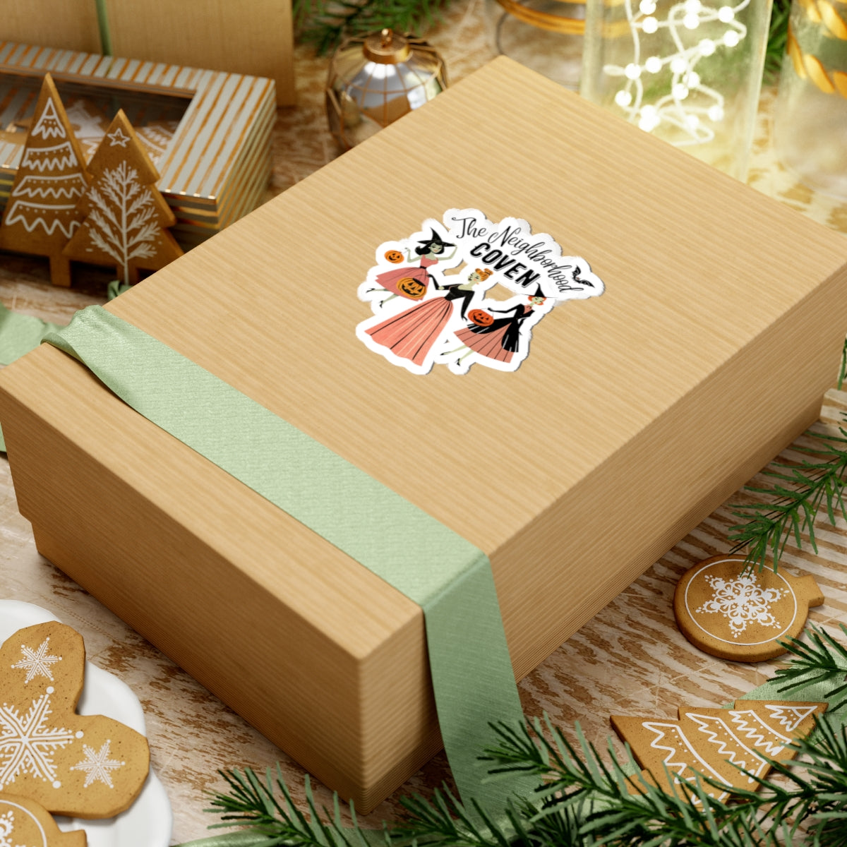 Neighborhood Coven Halloween Kiss-Cut Sticker - Vintage Witch Trio Pumpkin Design