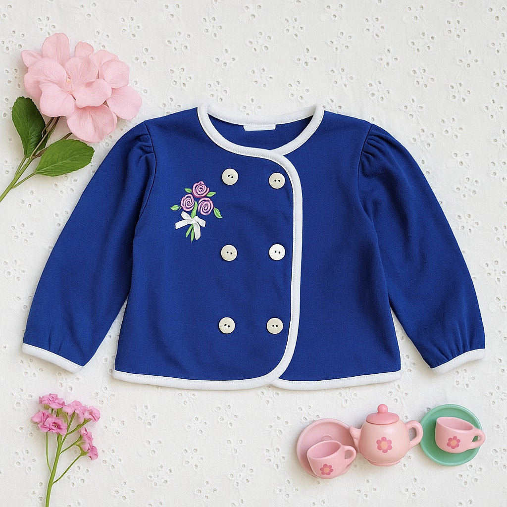 Vintage Carter's Toddler Girls Blue Rose Bouquet Cardigan – White Trim Buttons – Size 3T – 1980s Classic - Made in USA