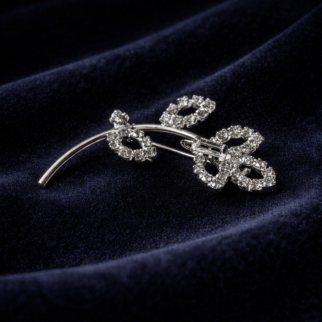 Vintage Silver Rhinestone Floral Brooch | Mid-Century Bridal Accent Pin