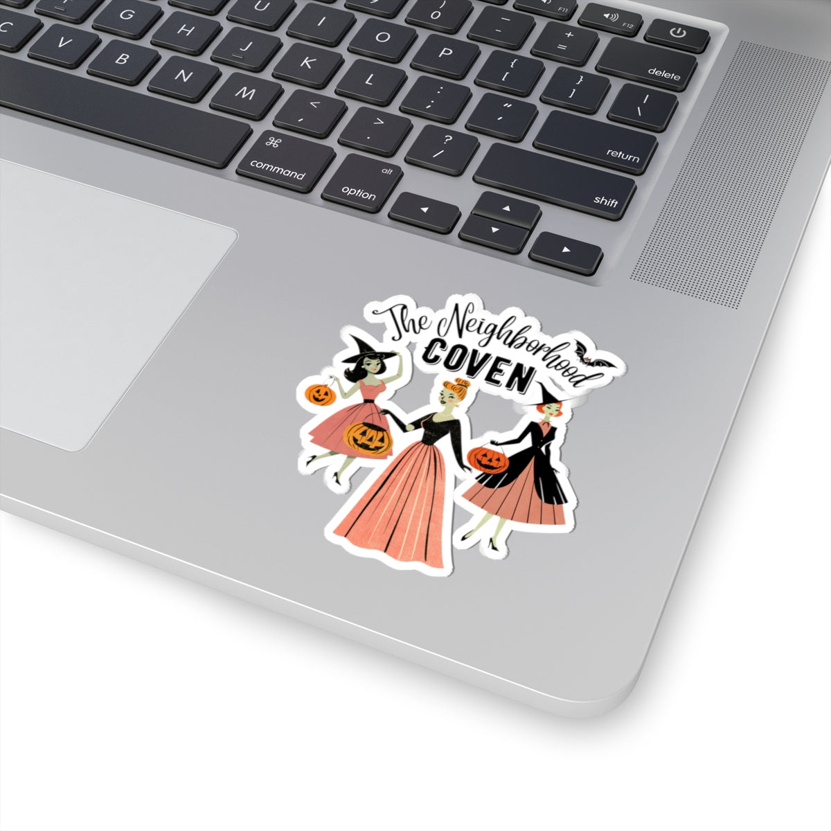 Neighborhood Coven Halloween Kiss-Cut Sticker - Vintage Witch Trio Pumpkin Design