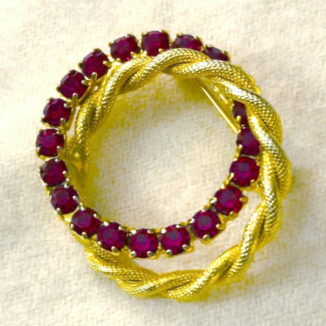 Vintage Red Rhinestone and Gold Tone Wreath Brooch |  Mid Century Circle Pin
