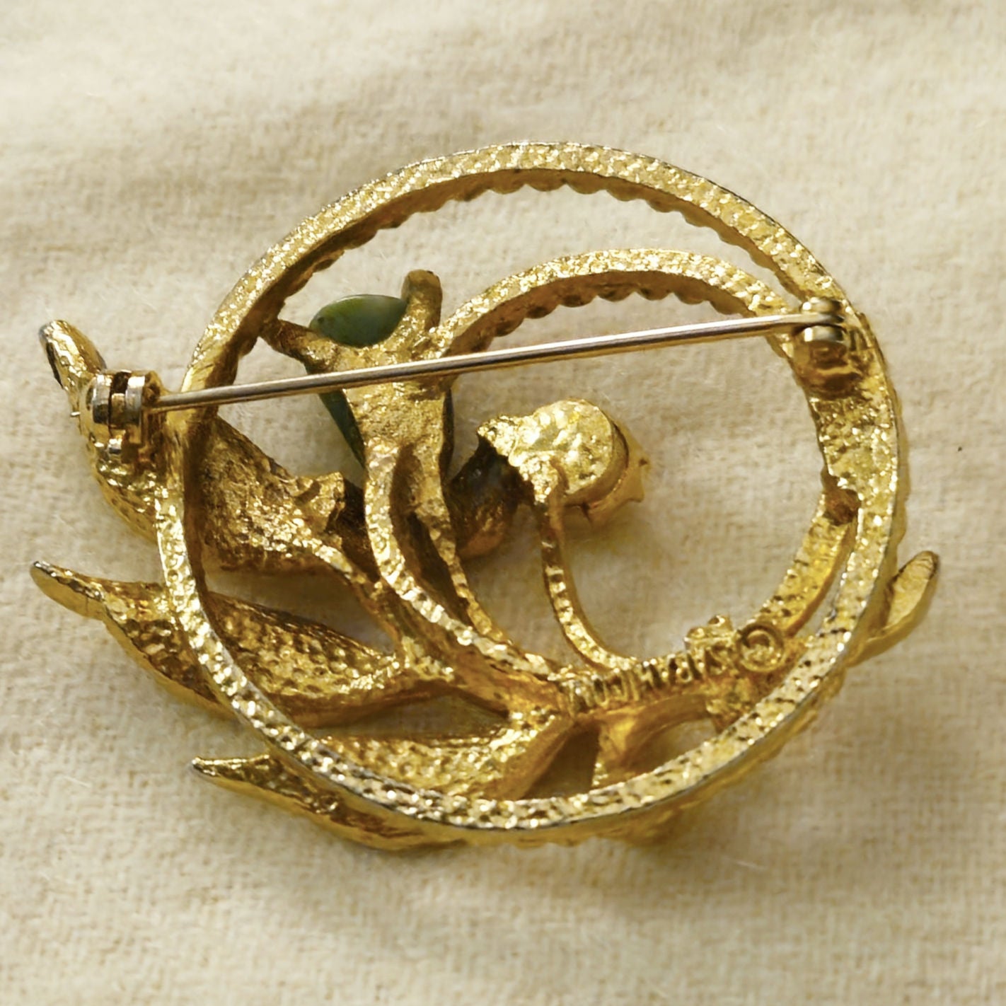 1960s Gold Leaf Brooch with Pearl & Green Stone