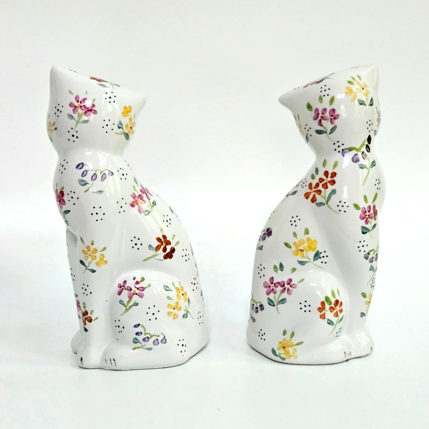 1970s Pair of White Floral Cat Figurines