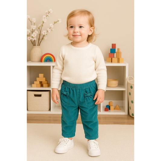 Vintage 1990s Girls Teal Corduroy Pants | Bow Accent, Elastic Waist, Side Pockets, Toddler Retro Clothing |  Toddler Size 2T
