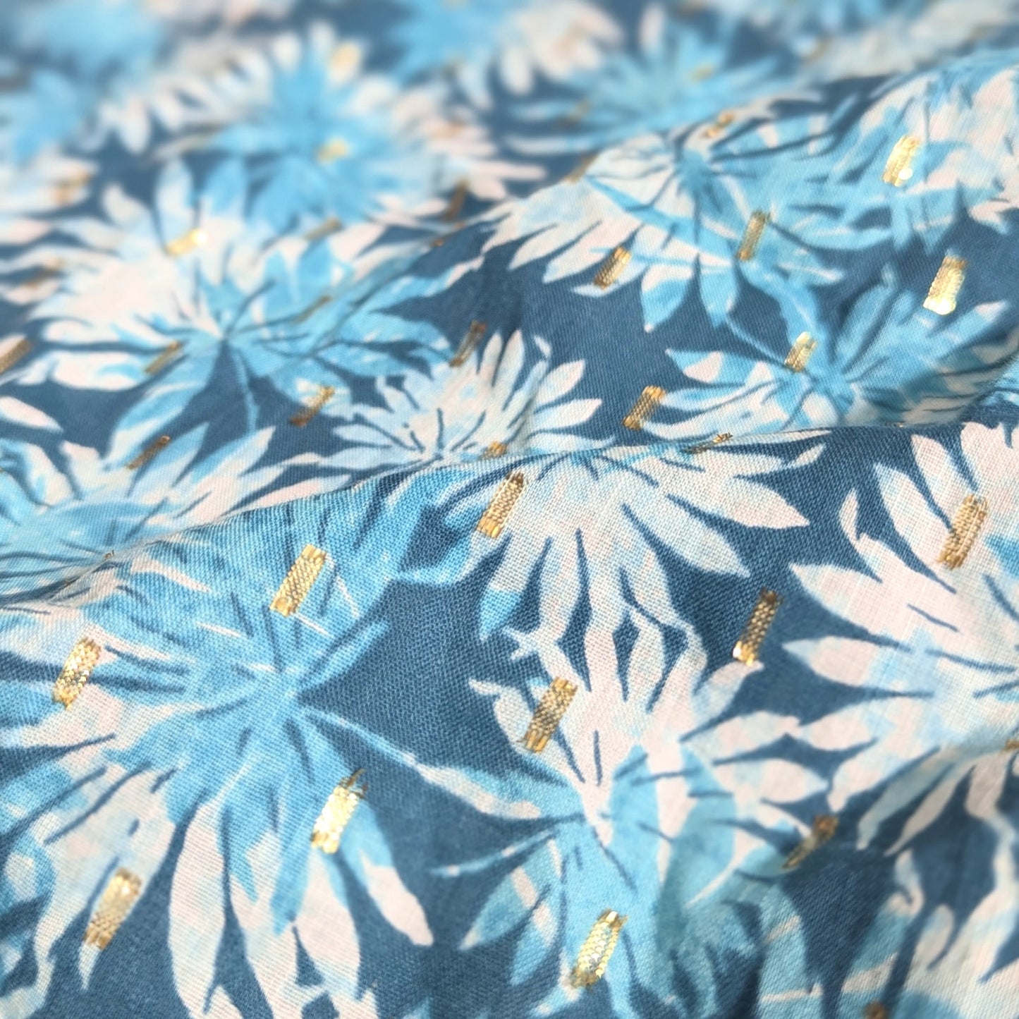 Michael Kors Off Shoulder Metallic Gold Detail Floral Blouse in Nassau Teal Size S