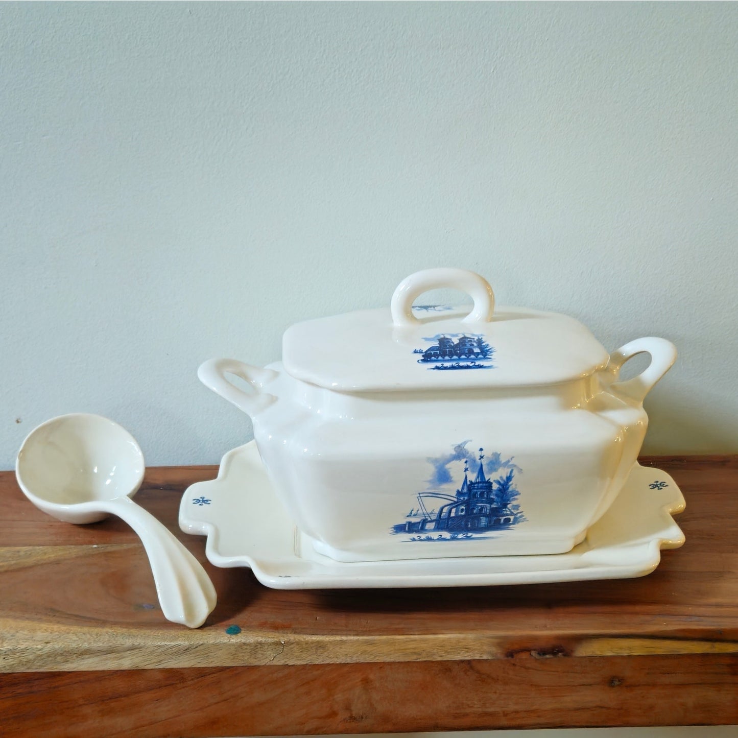 1970s Blue and White Covered Tureen with Underplate and Ladle
