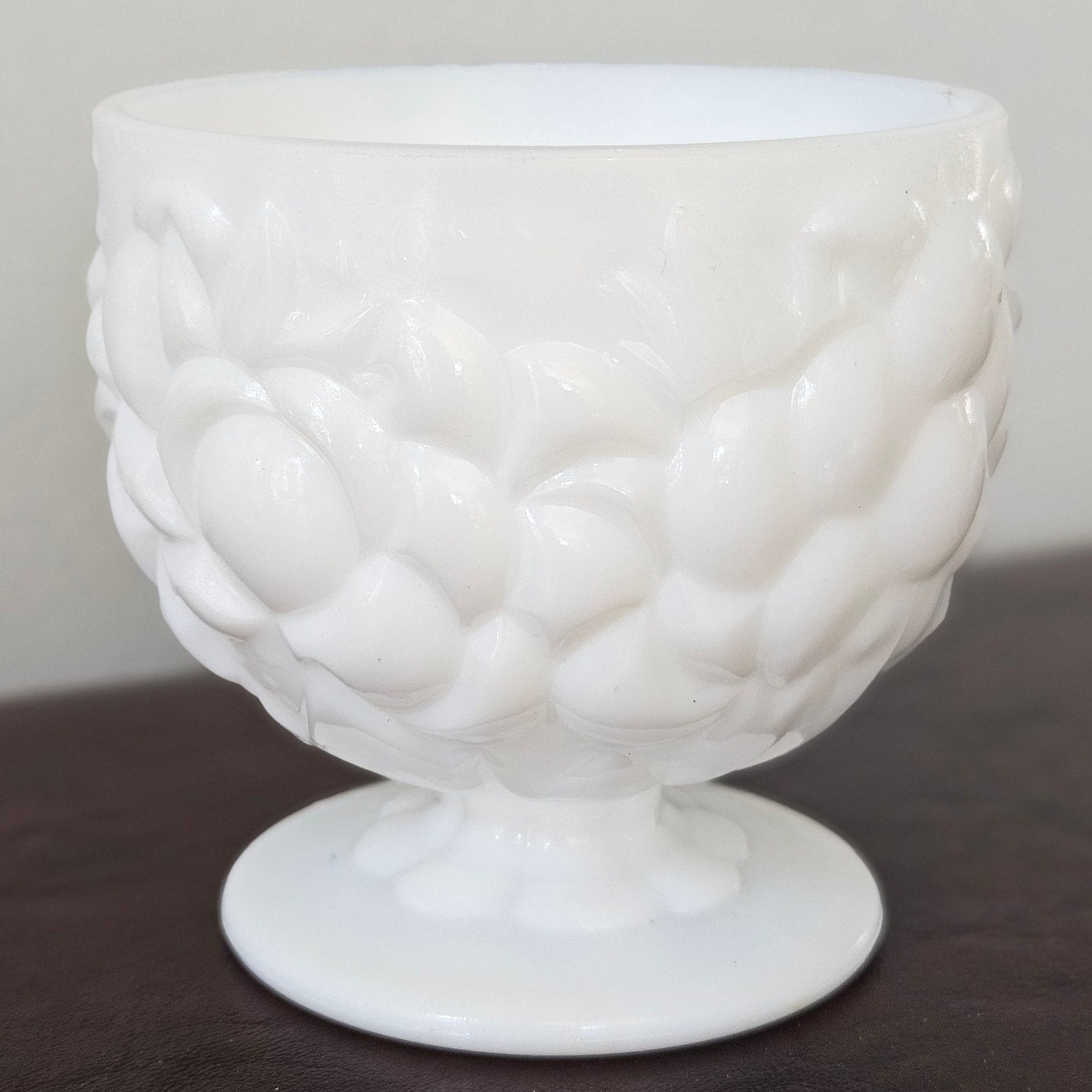 Vintage Milk Glass Pedestal Compote – Grape Pattern 5” Bowl