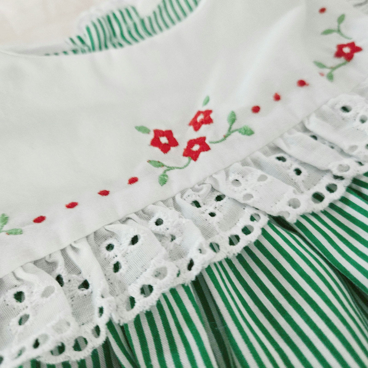 1980s Baby Togs Green Stripe Eyelet Pinafore Dress | Girls 12M