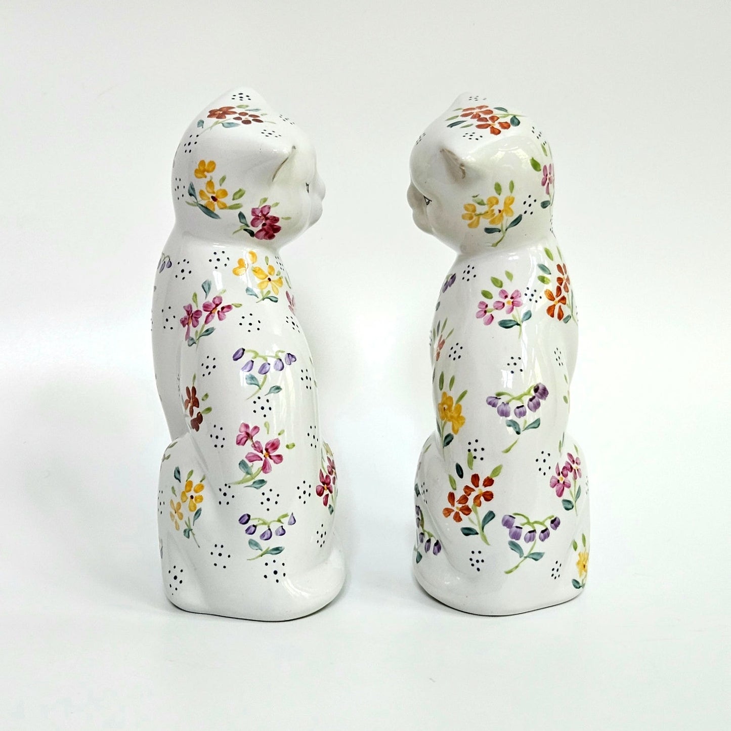 1970s Pair of White Floral Cat Figurines