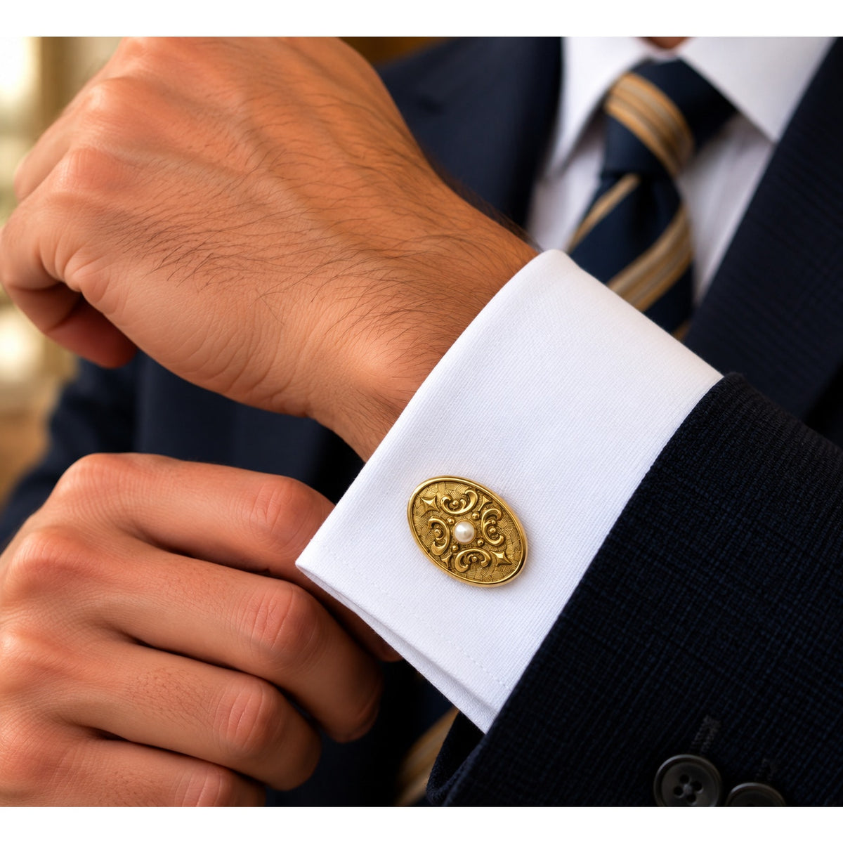 MCM Gold Tone Faux Pearl Cufflinks