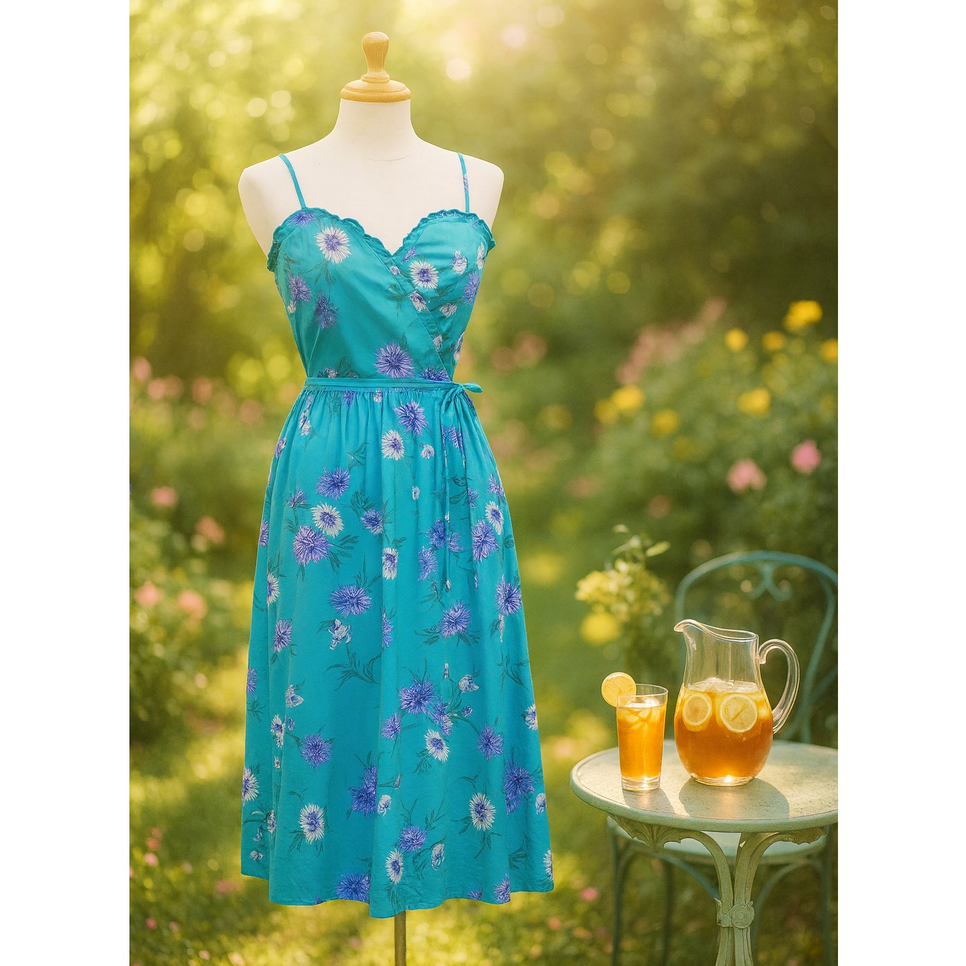 1970s Malia of Honolulu Teal Floral Sundress | Women's 6-8