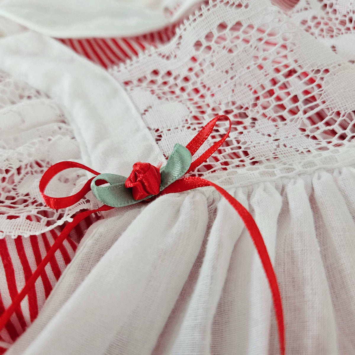 1980s Bryan Red Lace Pinafore Christmas Baby Dress | 12M
