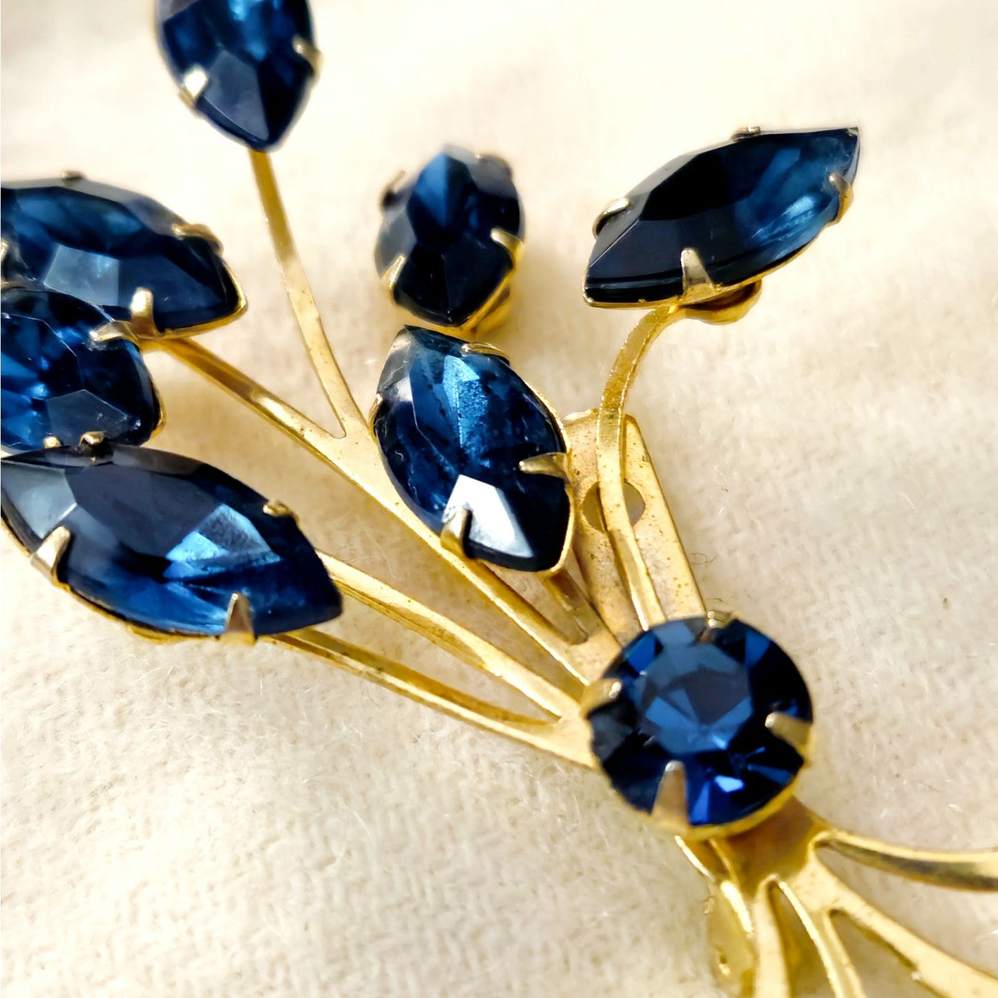 Vintage Blue Rhinestone Spray Brooch | Mid Century Sapphire Gold Navette Pin